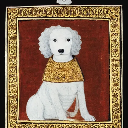 Image similar to portrait of a white poodle as an italian noblewoman, italo - byzantine era 7 0 0 ce