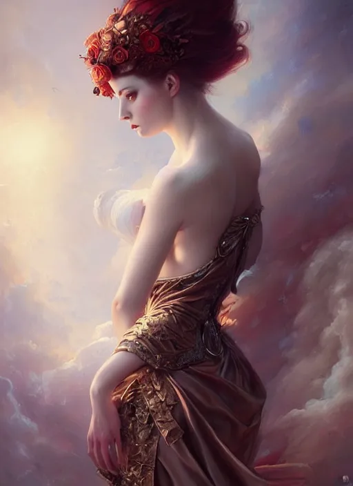 Image similar to a beautiful woman with baroque dress, painted by artgerm and tom bagshaw, fantasy art, dramatic lighting, highly detailed oil painting