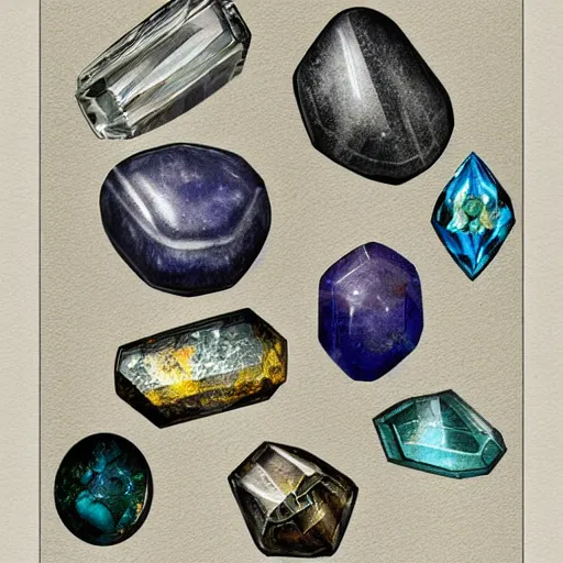 Prompt: full page antique lithograph of gemstones minerals, White background, art print, clean brush stroke, realistic highly detailed, 8k post-processing highly detailed, rendered by octane engine, esty