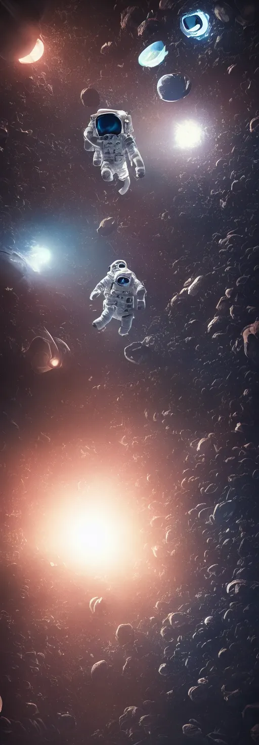 Image similar to a cinematic portrait of an astronaut entering the micro atom realm of the microscopic multiverse with a tiny micro spaceship, cinematic lighting, under a microscope, trending on Artstation, highly detailed, insane details