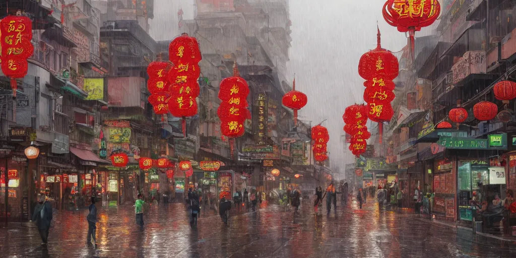 Prompt: an environmental concept art of a busy street in chinatown, rainy, highly detailed by francis tneh