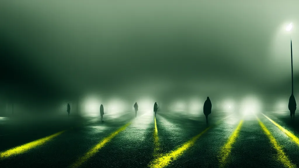 Prompt: the crowd flees the village, fog, volumetric lighting, mystique, atmospheric, blue and yellow, sharp focus, ultra detailed, noir art house, 4 k, cinematic, 3 5 mm