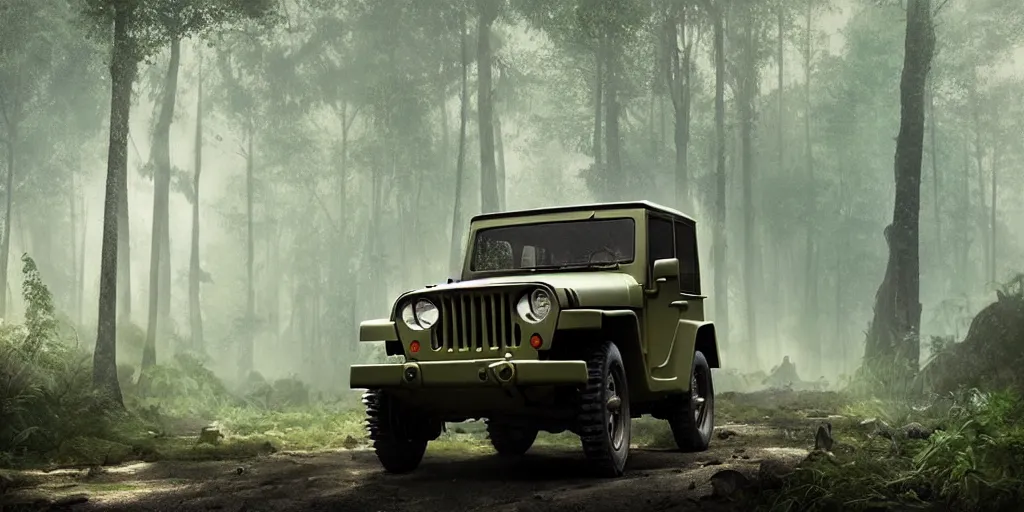 Image similar to willys jeep, in kerala forest road in 1921, chasing action scene, an epic fantasy, dramatic lighting, cinematic, establishing shot, extremely high detail, photorealistic, cinematic lighting, matte painting, artstation, by simon stalenhag, horizon forbideen west