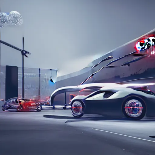 Image similar to sci-fi wall structure logotype and car on the coronation of napoleon painting and digital billboard in the middle, unreal engine 5, keyshot, octane, artstation trending, ultra high detail, ultra realistic, cinematic, 8k, 16k, in style of zaha hadid, in plastic, dark, tilt shift,