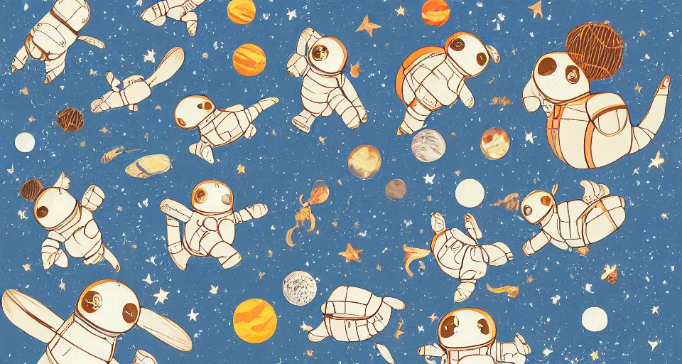 Image similar to back view of many baby guineapigs on the cover of vogue magazine flying in space suits, deep dark universe, twinkling and spiral nubela, warmhole, beautiful stars, 4 k, 8 k, by hokusai, samurai man vagabond, detailed, editorial illustration, matte print, concept art, ink style, sketch, digital 2 d