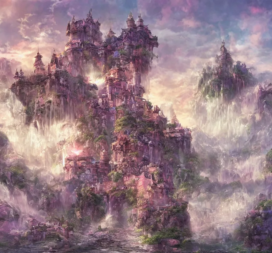 Image similar to beautiful!!! digital painting of a ( ( ( floating cloud kingdom, cloud platforms ) ) ) with an intricate expensive castle and waterfalls!! | dreamy pink!!! sunset!!! intricate civilization, epic rim lighting, dramatic!!!! craig mullins, james jean, octane render, trending on artstation, deviantart, studio level quality, hyperdetailed