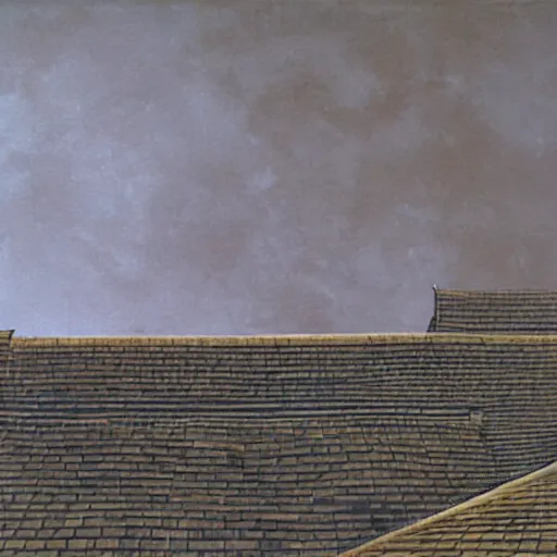 Image similar to painting by peter elson of structures with tile roofs, and peaked wooden roofs, structures blackened to some degree by a patina of soot. structures darkest at the top, where the ash gathered, but rainwaters and evening condensations had carried the stains over ledges and down walls in an uneven gradient.