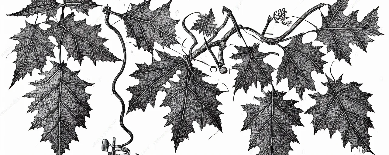 Prompt: a full page schematic diagram illustration of a vine leaf with an oak acorn, ultra detailed, 4 k, intricate, encyclopedia illustration, fine inking lines