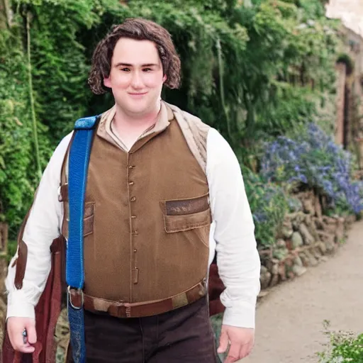 Image similar to clean shaven pudgy British lad with short curly dark brown hair as a hobbit wearing a white men's crossbody sling chest bag and blue vest