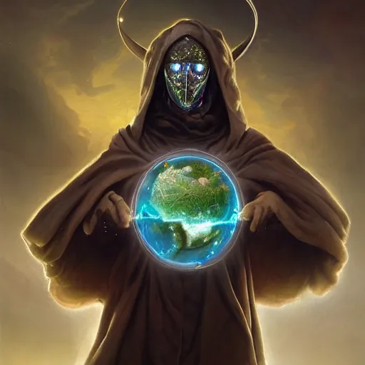 Image similar to masked nomad male wearing a cloak on an alien world and holding a holographic planet projection in his hand, detailed, sci - fi, digital painting, artstation, sharp focus, illustration, ominous, artgerm, tomasz alen kopera, peter mohrbacher, donato giancola, joseph christian leyendecker, wlop, frank frazetta