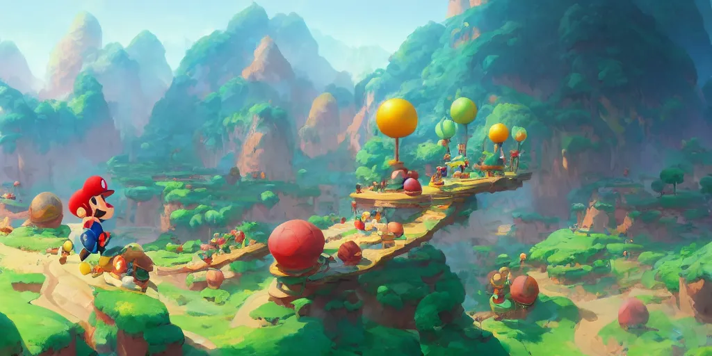 Image similar to dynamics matte painting acrylic blur oil marioworld wonderland yoshi kurbi dofus, behance hd by jesper ejsing, by rhads, makoto shinkai and lois van baarle, ilya kuvshinov, rossdraws global illumination