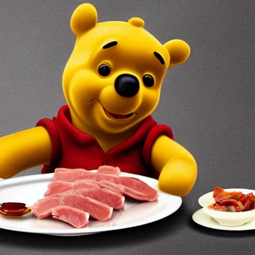 Image similar to close up of winnie the pooh with a plate of sausage and bacon and ham hock, cinematographic shot, cartoon