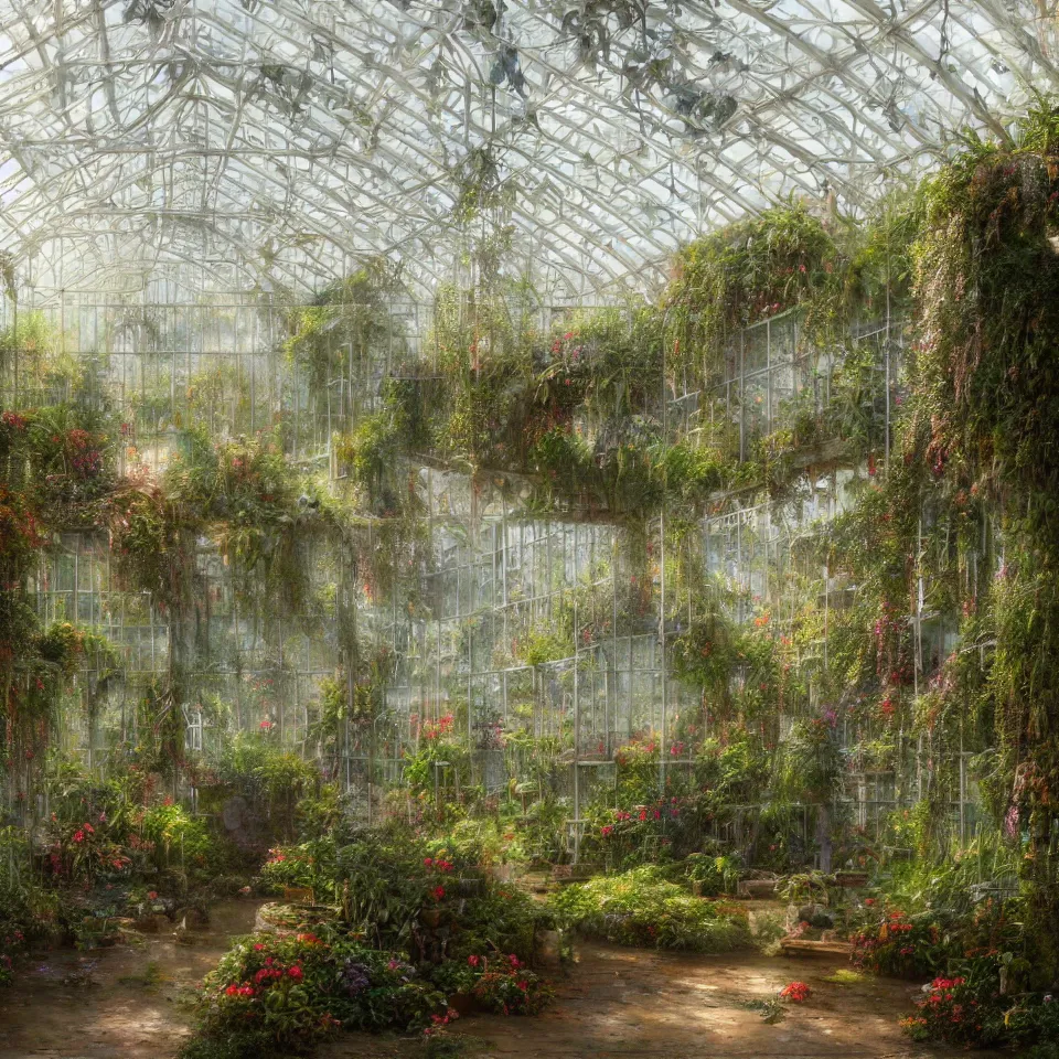 Prompt: a beautiful hyperrealistic detailed matte painting of the inside interior of a greenhouse with overgrown plants, by john howe, lee madgwick, hubert robert, thomas kinkade epic scale ultrawide angle, deviantart, 4 k wallpaper, dawn, warm cinematic volumetric lighting, soft colors, realism, photorealism, photograph