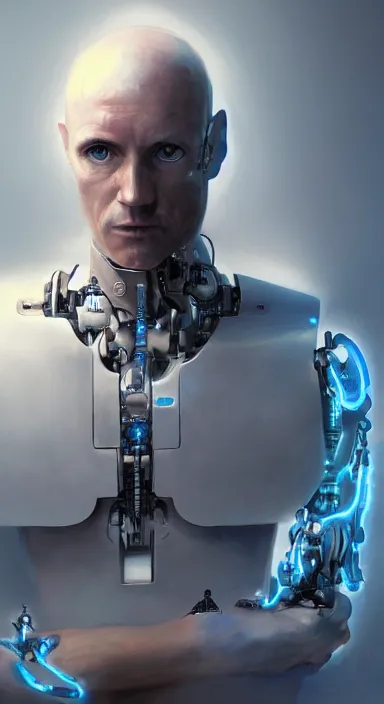 Image similar to full length portrait of a catholic cyborg monk robot dj with piercing blue eyes, dramatic light, cinematic background, depth, high detail, digital art, 4 k, painted by greg rutkowski and quentin tarantino, trending on artstation