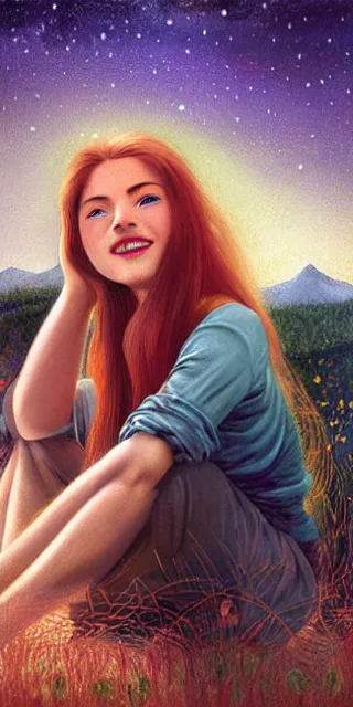 Image similar to infp young woman, smiling, amazed by golden fireflies lights, sitting in the midst of nature fully covered, long loose red hair, intricate linework, green eyes, small nose with freckles, oval shape face, realistic, expressive emotions, dramatic lights mystical scene, hyper realistic ultrafine art by artemisia gentileschi, albert bierstadt, artgerm