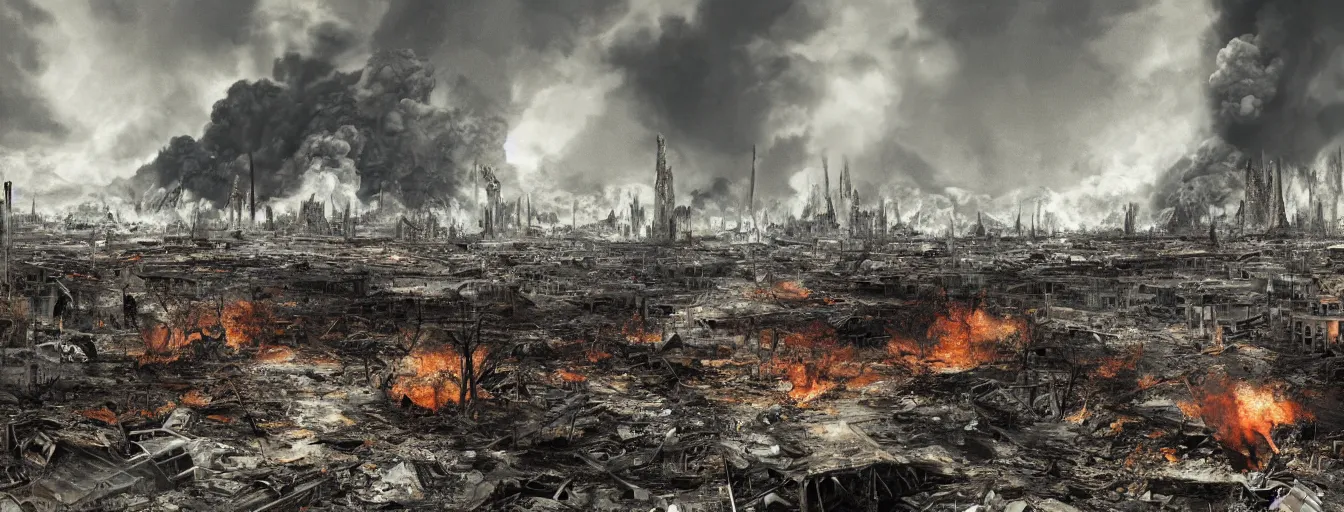 Prompt: vision of an still snapshots from moment if explosion of the hydrogen bomb, dust shockwave, apocalyptic ruined landscape in fire, waste, total destruction, detailed drawing of total devastation, collapsed houses, broken forests, burnt remains of cars and garbage, high detail, saturated colors, by james paick, render unreal engine - h 7 0 4