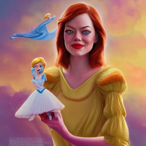 Image similar to digital painting of Emma Stone as a Disney princess wearing snow white's dress, Pixar style, professional studio lightening, volumetric lightening, photorealism by Tristan Eaton Stanley Artgerm and Tom Bagshaw