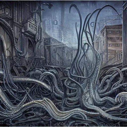 Prompt: A Lovecraftian eldritch horror rampaging through a small seaside town by H.R. Giger, trending on artstation, highly detailed, high quality