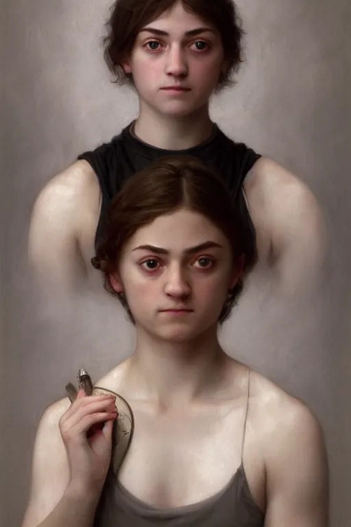 Prompt: portrait of arya stark as a beautiful athletic pale girl, hd, realistic, bouguereau