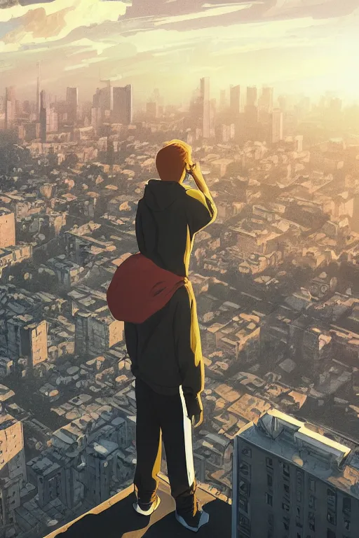 Prompt: depressed boy in black adidas sportswear in front of camera looking atop of a urban plateau filled with soviet apartment buildings, golden hour, dreamy, beautiful clouds, ultra detailed beautiful lighting, wallpaper, beautiful artwork by Makoto Shinkai