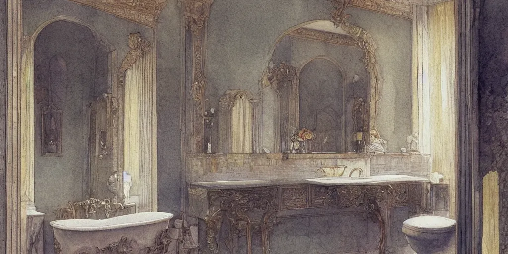 Prompt: a hiper intricate watercolor of a beauty modern bath room, reflexions, intricate details, smooth, by william turner art, by greg rutowski by edmund dulac, by carl larson