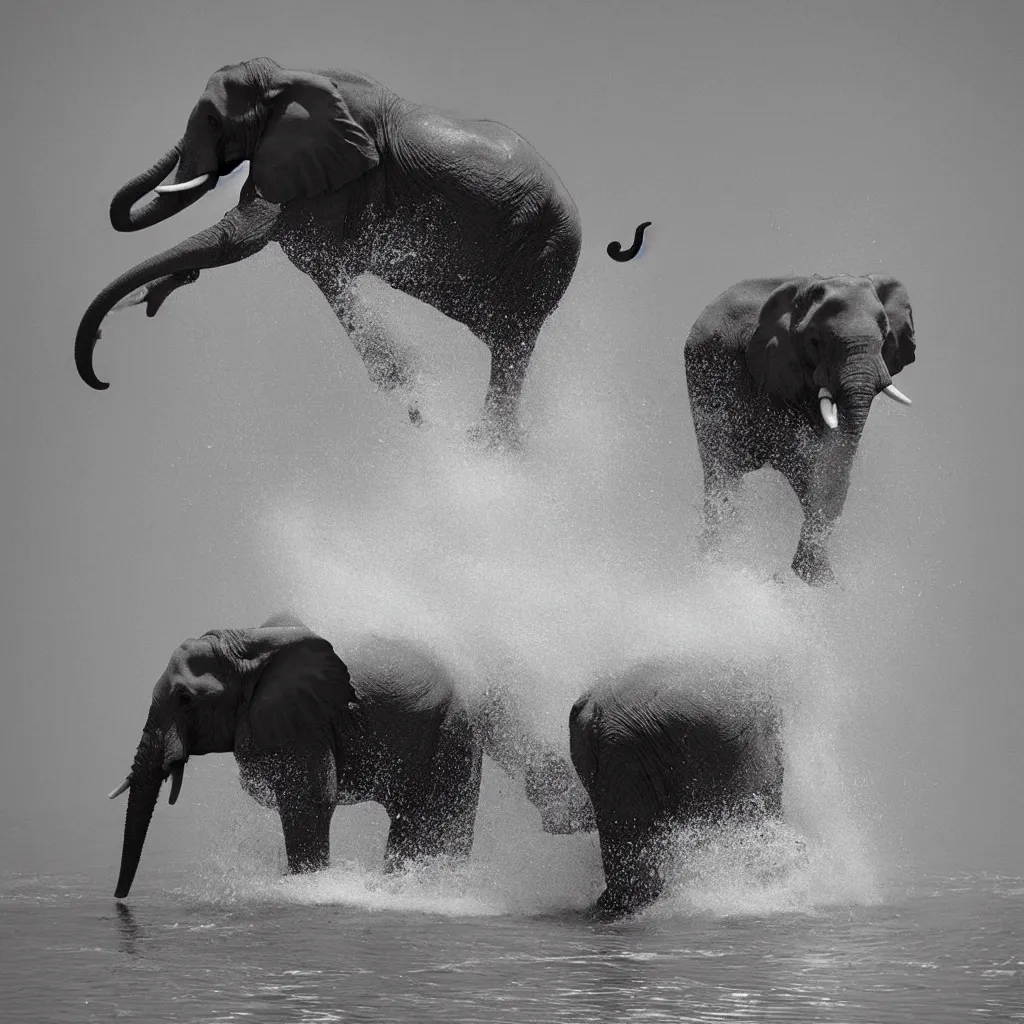 Image similar to “a black and white photo of an elephant splashing water by Maties Palau Ferré, featured on flickr, arabesque, national geographic photo, ilford hp5, majestic”