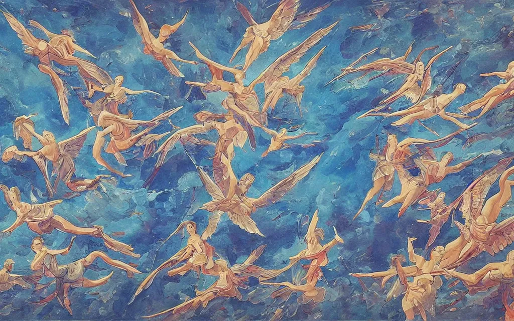 Prompt: vision of angels - a painting of a group of angels flying in formation, their wings creating a beautiful pattern in the sky by qian xuan and austin briggs, style of glossy reflections