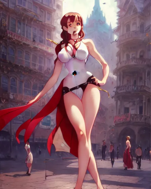 Image similar to pinup photo of asuna in the crowded square of the city, asuna by a - 1 pictures, by by greg rutkowski, artgerm, gil elvgren, enoch bolles, glossy skin, pearlescent, anime, very coherent, maxim magazine, 3 d, vray, unreal 5, maya