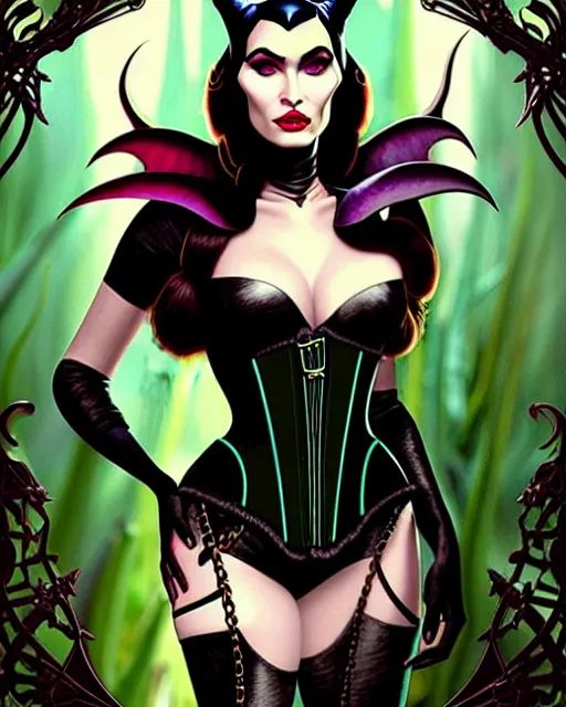 Image similar to new art nouveau portrait of fantasy succubus maleficent megan fox wearing a leather corset in a magical forest, anna dittmann, moebius, wlop, artgerm, patrick nagle, charlie bowater and loish. long windblown hair, ultrasharp focus, dramatic lighting, barbwire vine arches, photorealistic digital matte painting, intricate.