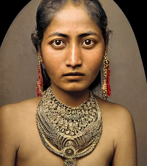 Prompt: vintage_closeup portrait_photo_of_a_stunningly beautiful_nepalese_woman with amazing shiny eyes, 19th century, hyper detailed by Annie Leibovitz