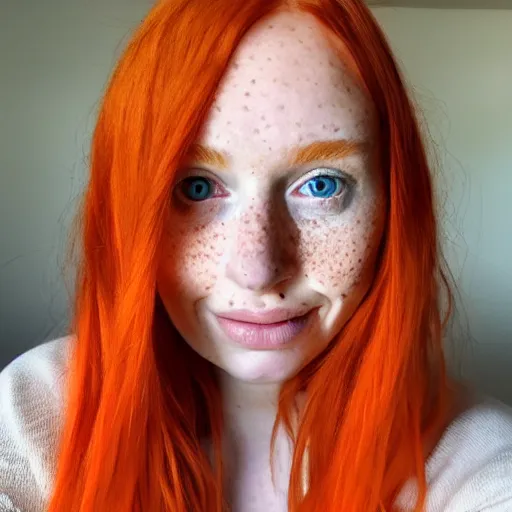 Prompt: a hyperrealistic portrait of a cute and beautiful woman with light orange hair, lots of cute freckles, and hazel - green eyes. she wears comfy clothes.