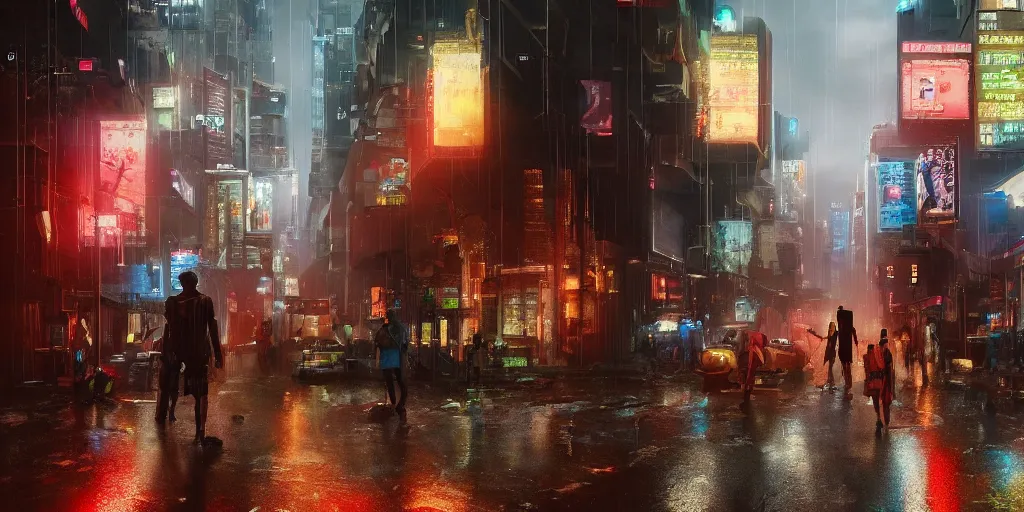 Image similar to a cinematic hyper - realistic reimagination of an african cyberpunk street during a rainy night by adam baines