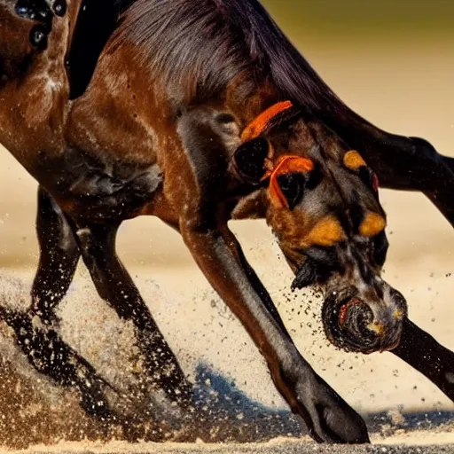 Image similar to National Geographic photo of horse full of octopus being eaten by African hunting dogs