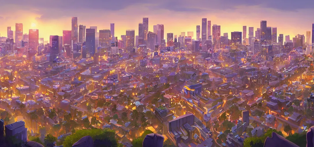 Image similar to visual development los angeles skyline cityscape, by dice tsutsumi, pixar disney dreamworks sony animation, photoshop, the art of books