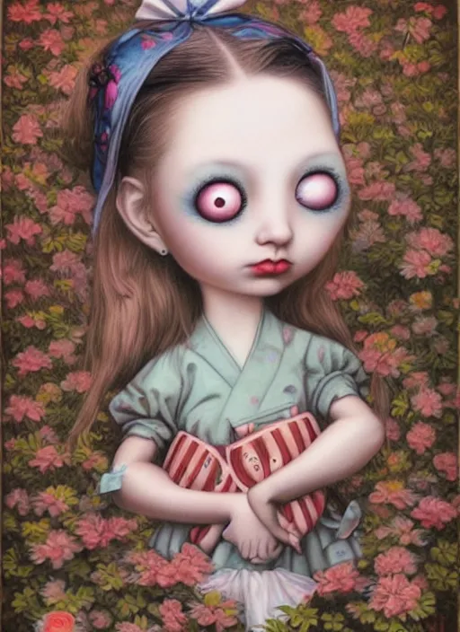 Image similar to pop surrealism, lowbrow art, realistic cute alice girl painting, japanese street fashion, hyper realism, muted colors, mark ryden, trevor brown style