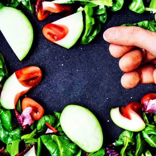 Prompt: first person point of view from my eyes, cutting a salad