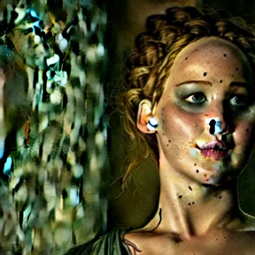 Image similar to jennifer lawrence as frankenstein's monster, color photography, sharp detail, still from the movie