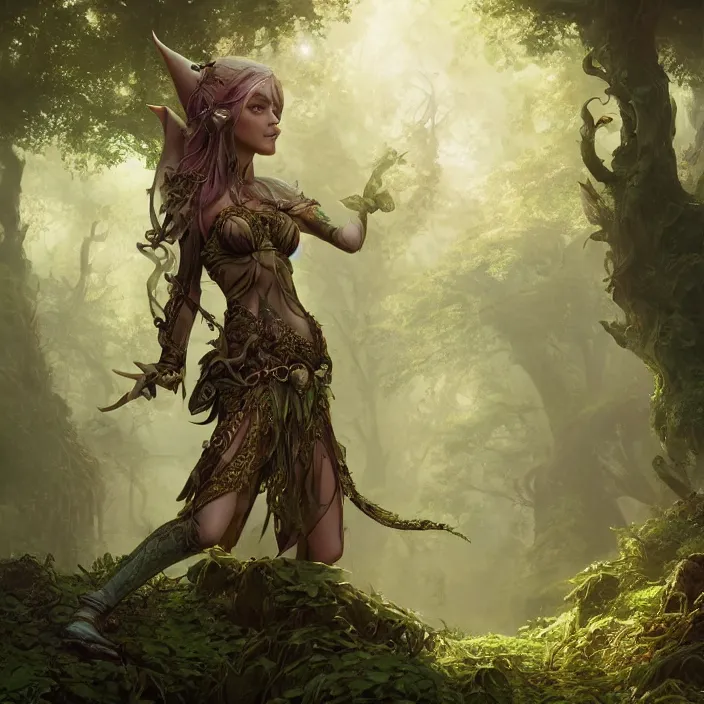 Prompt: intricate detailed portrait of a fantasy female elf on a beautiful forest meadow, temple ruins surrounded by lush forest, morning, art by Tyler Edlin, Artgerm and Greg Rutkowski, atmospheric lighting, dynamic lighting, cgsociety, RPG portrait, octane render, substance painter, iridescent accents