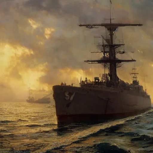 Image similar to detailed cinematic wide shot of swedish sea captain back view seeing his world war 2 battle ship attacking denmark, ultra realistic, spring light, painting by gaston bussiere, craig mullins, j. c. leyendecker