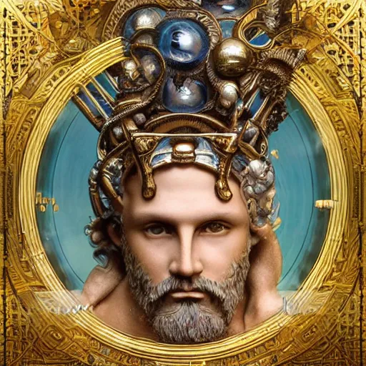Prompt: portrait of zeus king of olympus made with porcelain by Jeff Easley and Peter Elson + beautiful eyes, beautiful face + symmetry face + border and embellishments inspiried by alphonse mucha, fractals in the background, galaxy + baroque, gothic, surreal + highly detailed, intricate complexity, epic composition, magical atmosphere + masterpiece, award winning + trending on artstation
