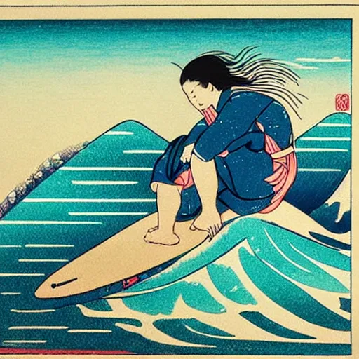 Image similar to girl surfing, woodblock print, style of hokusai, fine art, style of kanagawa, painting