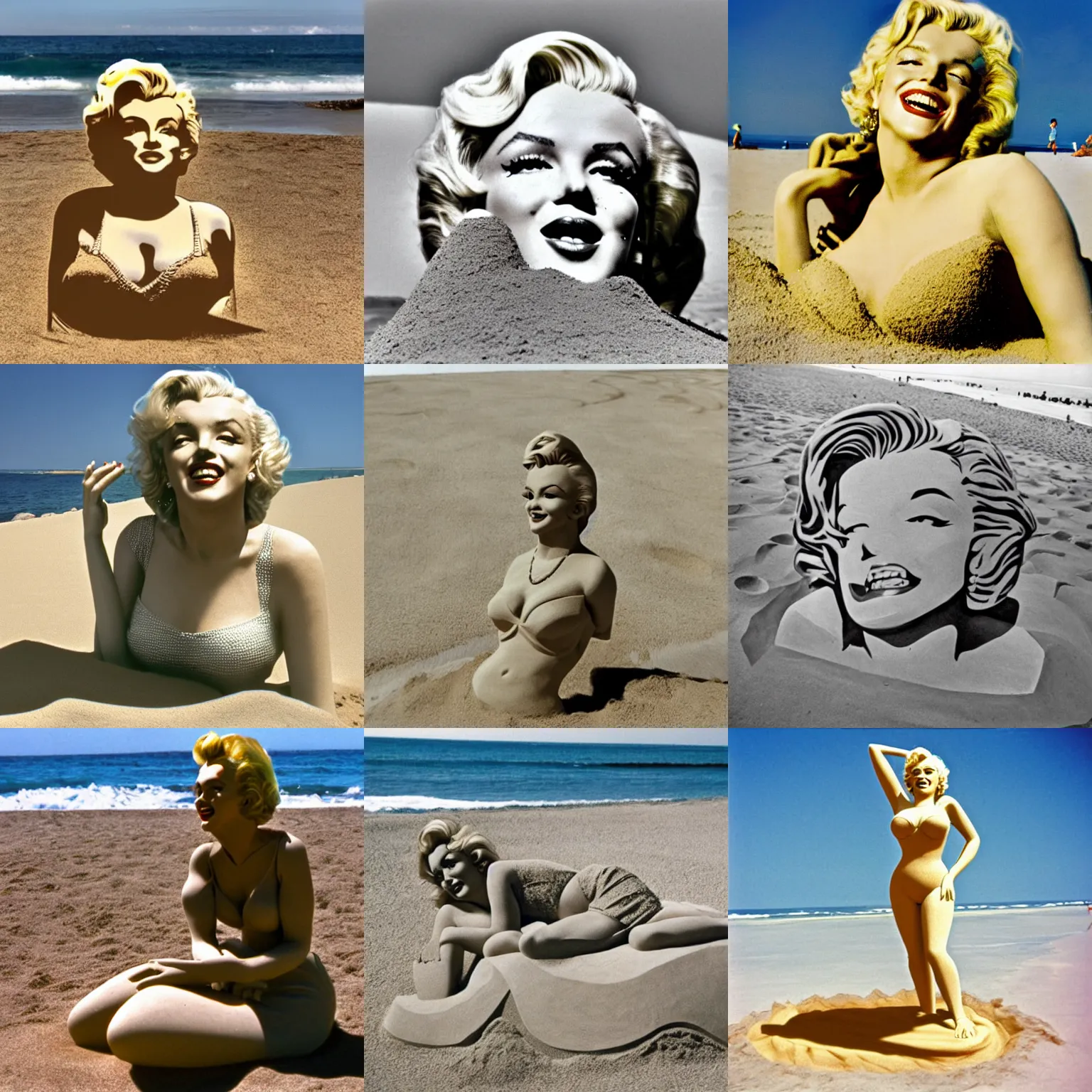 Prompt: Marilyn Monroe as a sand sculpture on the beach in a sunny day