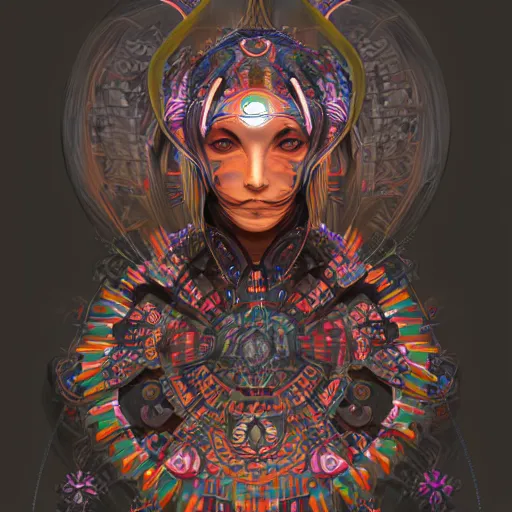 Prompt: portrait of a future metaverse ayahuasca tech shaman warrior, 2 d cartoon, visionary art, symmetric, magick symbols, holy halo, shipibo patterns, sci - fi, concept art, trending on art station, 8 k digital art, by mandy jurgens, fantasy portrait art, anime