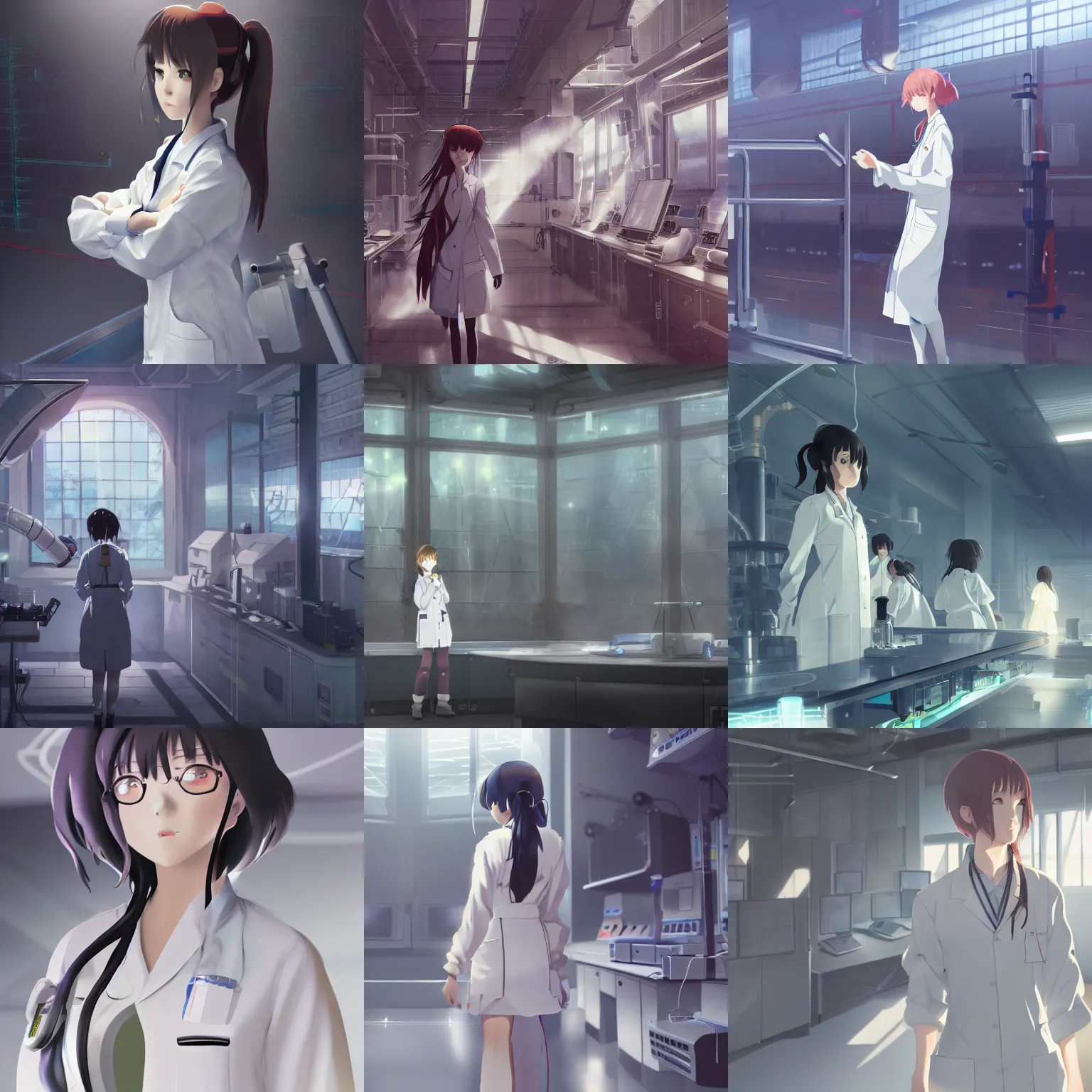 Prompt: in the hightech laboratory full of different advanced metal equipments very high details, volumetric fog, raytracing anime style girl in labcoat, fantastic details, anime art, trending on artstation, pixiv, makoto shinkai key visual kyoto animation studio ghibli tran ross