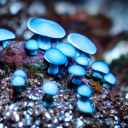 Prompt: Beautiful Macro Photo of undiscovered bioluminiscent Mushroom Species, Studio Lighting, detailed, 28mm Lens