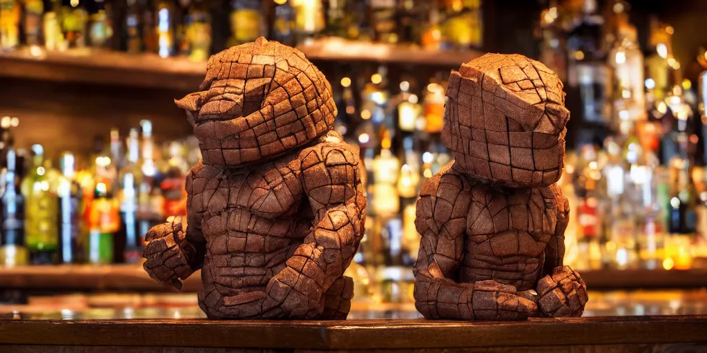 Image similar to phil spencer,, phil spencer, loseup photorealistic photograph of a ben grimm style tiki mug sitting on the bar at trader vic's with the face of ben grimm on it. fantastic four. tiki culture. bright scene. fine detail. this 4 k hd image is trending on artstation, 4 k,