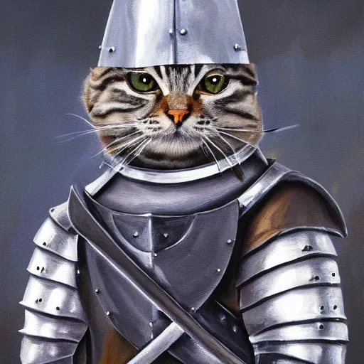 Prompt: grey tabby cat dressed as a knight in shining armor with sword and shield oil painting