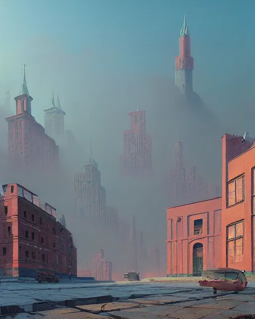 Image similar to a beautiful painting of old soviet city, by simon stalenhag and zdzisław beksinski and rene magritte and greg rutkowski, in style of digital art. hyper detailed, rim light, exquisite lighting, clear focus, very coherent, plain background, soft painting