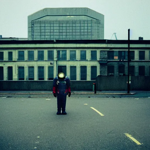 Image similar to lomo photo of astronaut in abandoned London, gloomy, foggy, dark