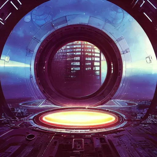 Prompt: centered circular derelict portal in a middle of a futuristic cityscape, world seen only through a portal, daylight, cinematic perspective, cinematic lighting, blue sky, syd mead, john harris, symmetrical